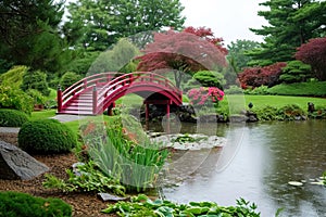 Japanese garden with a pond and a red bridge in the background