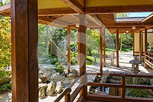 Japanese garden in public landscape park of Krasnodar or Galitsky park, Russia