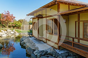 Japanese garden in public landscape park of Krasnodar or Galitsky park, Russia