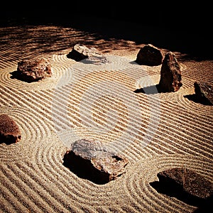 Japanese Garden Raked Sand and Rocks