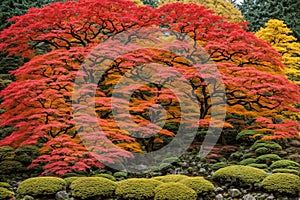Japanese garden with red and yellow leaves in autumn