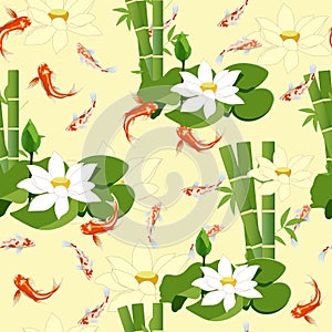 Japanese garden seamless pattern with tropical fish, vector illustration in flat style