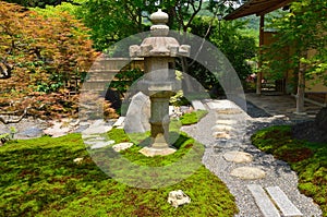 Japanese garden and stone lantern, Kyoto Japan