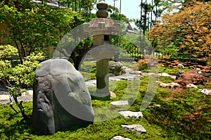 Japanese garden and stone lantern, Kyoto Japan