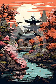 Japanese garden with stream, cherry blossoms, bridge and pagoda