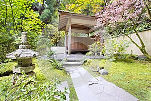 Japanese Garden Tea House with Stone Lantern