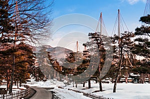 Japanese garden in winter at Aizu Wakamatsu Castle Fukushima, To