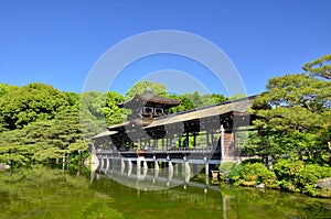 Japanese garden and the wooden bridge, Kyoto Japan.