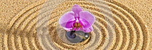 Japanese garden with yin yang stone in textured sand