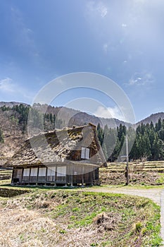 Japanese Gassho-style houses at the entrance of Shirakawa-go