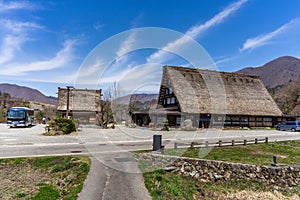 Japanese Gassho-style houses at the entrance of Shirakawa-go