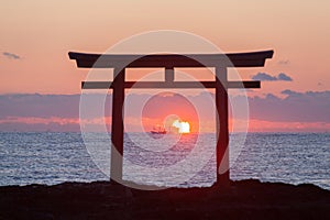 Japanese gate and sea at Oarai Ibaraki prefecture