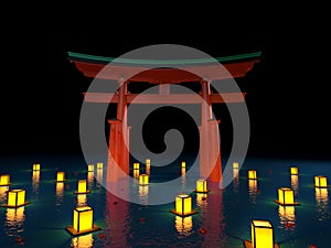 Japanese gate in water with lanterns at night