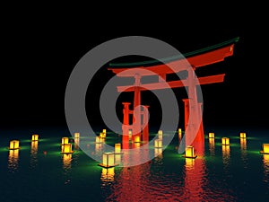 Japanese gate in water with lanterns at night
