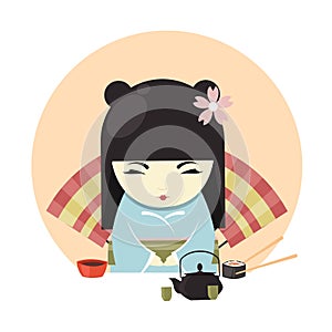 Japanese geisha character in kimono clothing and tea ceremony banner vector illustration. Asian Lady sitting at table