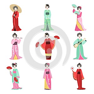 Japanese Geisha In Different Kimono Set