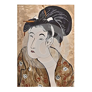 Japanese geisha girl and oriental art, illustration in style of traditional old japanese engraving. Japan traditional