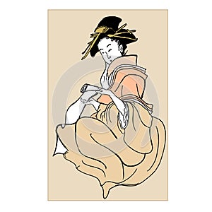 Japanese geisha girl and oriental art, illustration in style of traditional old japanese engraving. Japan traditional
