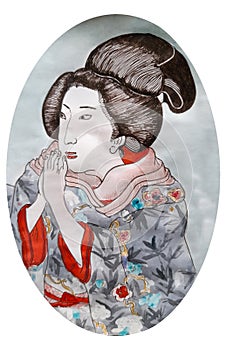 Japanese geisha in kimono, hand drawn watercolor illustration. Traditional Japan art style.