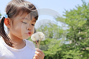 Japanese girl blowing dandelion seeds under the blue sky