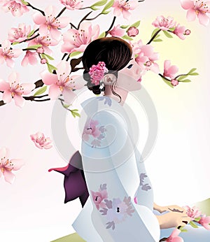 Japanese Girl on cherry blossom background. Vector