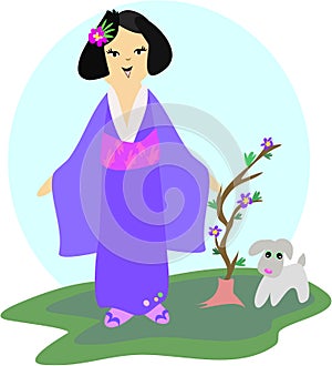 Japanese Girl with Dog and Plant