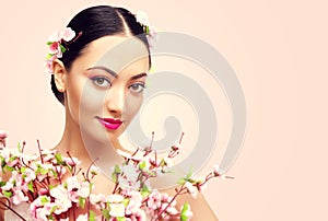 Japanese Girl and Flowers, Asian Woman Beauty Makeup, Fashion