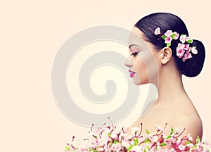 Japanese Girl and Flowers, Asian Woman Beauty Makeup Profile