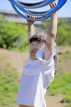 Japanese girl playing with a monkey bars