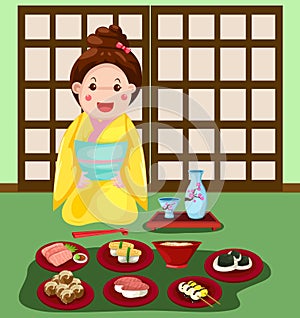 Japanese girl with set of japanese food