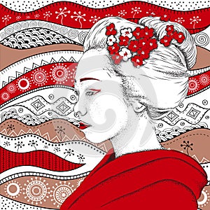 Japanese girl in traditional clothing. Geisha. Vector illustration
