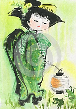 Japanese girl in traditional kimono. Watercolor illustration