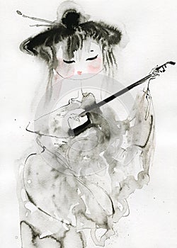 Japanese girl in traditional kimono. Watercolor illustration
