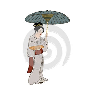Japanese girls in kimono and with umbrella. vector illustration. Asian traditional beauty woman fashion, art and culture