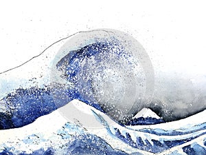 Japanese great wave art. watercolor style.hand drawn
