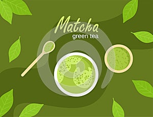 Japanese green matcha tea in a cup, powder in a saucer, bamboo spoon and scattered leaves on green background. Top view