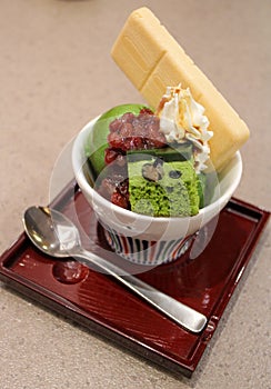 Japanese Green Tea Ice Cream with red bean and vanilla cream