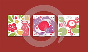 Japanese Greeting Cards Collection, Banner with Eastern Country Traditional Symbols Abstract Design Vector Illustration