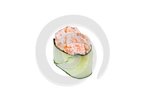Japanese Gunkan Green Kappa Sushi with salmon and flying fish roe wrapped in cucumber isolated on white background