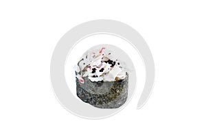 Japanese Gunkan Sushi with Tobiko caviar, rice and crab stick wrapped in nori seaweed isolated on white background