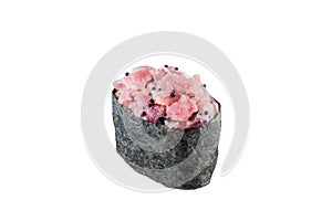 Japanese Gunkan Sushi with tuna and flying fish roe. Gunkan-poppy wrapped in nori seaweed isolated on white background