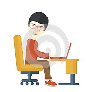 Japanese guy sitting infront his computer