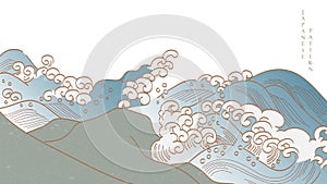 Japanese hand drawn wave with cloud decoration vector. Natural landscape banner design with blue background in vintage style