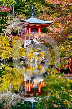 Japanese Heritage. Serene Famous Daigo-ji Temple During Beautiful Red Maples Autumn Season at Kyoto City in Japan