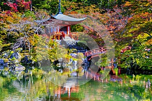 Japanese Heritage. Serene Famous Daigo-ji Temple During Beautiful Red Maples Autumn Season at Kyoto City in Japan. With Pond