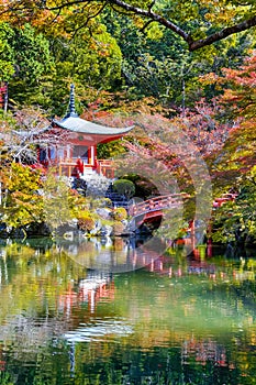 Japanese Heritage. Serene Famous Daigo-ji Temple During Beautiful Red Maples Autumn Season at Kyoto City in Japan. With Pond