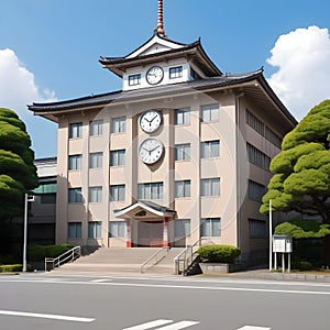 Japanese high school facade building with time clock in traditional classic style