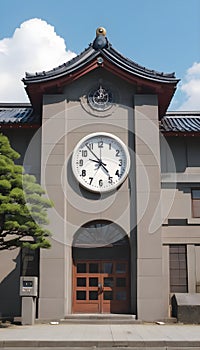 Japanese high school facade building with time clock in traditional classic style