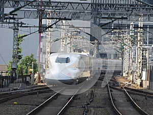 Japanese high-speed train in the city of Tokyo, Japan.
