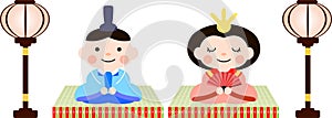 Japanese Hina dolls on tatami with paper lantern